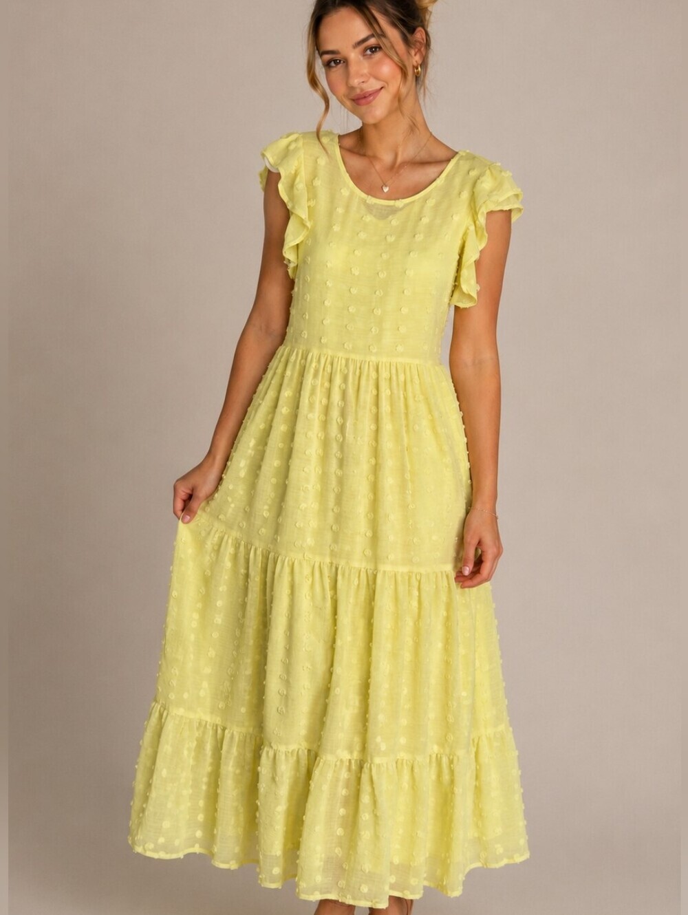 So Maxi Tiered Dress Bright Yellow Swiss Dots Whimsical Cottagecore Size Large